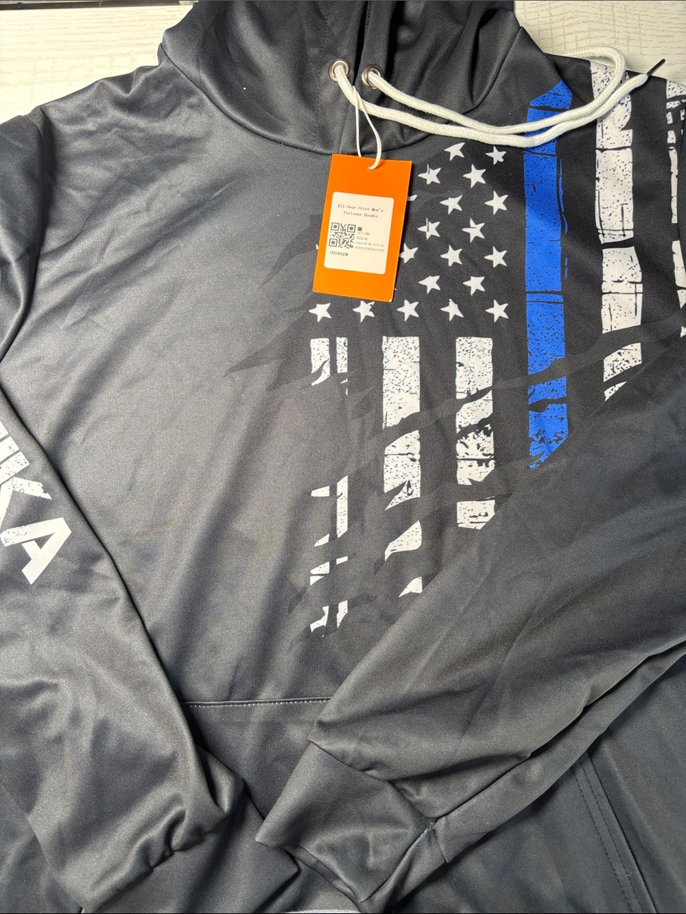 Unk Black Hoodie with Blue Thin Line American Flag Graphic